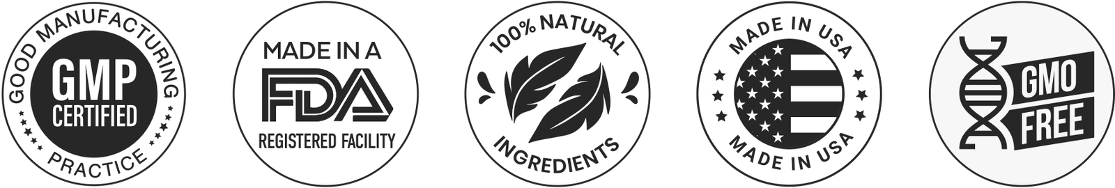Brain Savior trust badges — GMP Certified, FDA Registered Facility, 100% Natural Ingredients, Made in USA, GMO Free